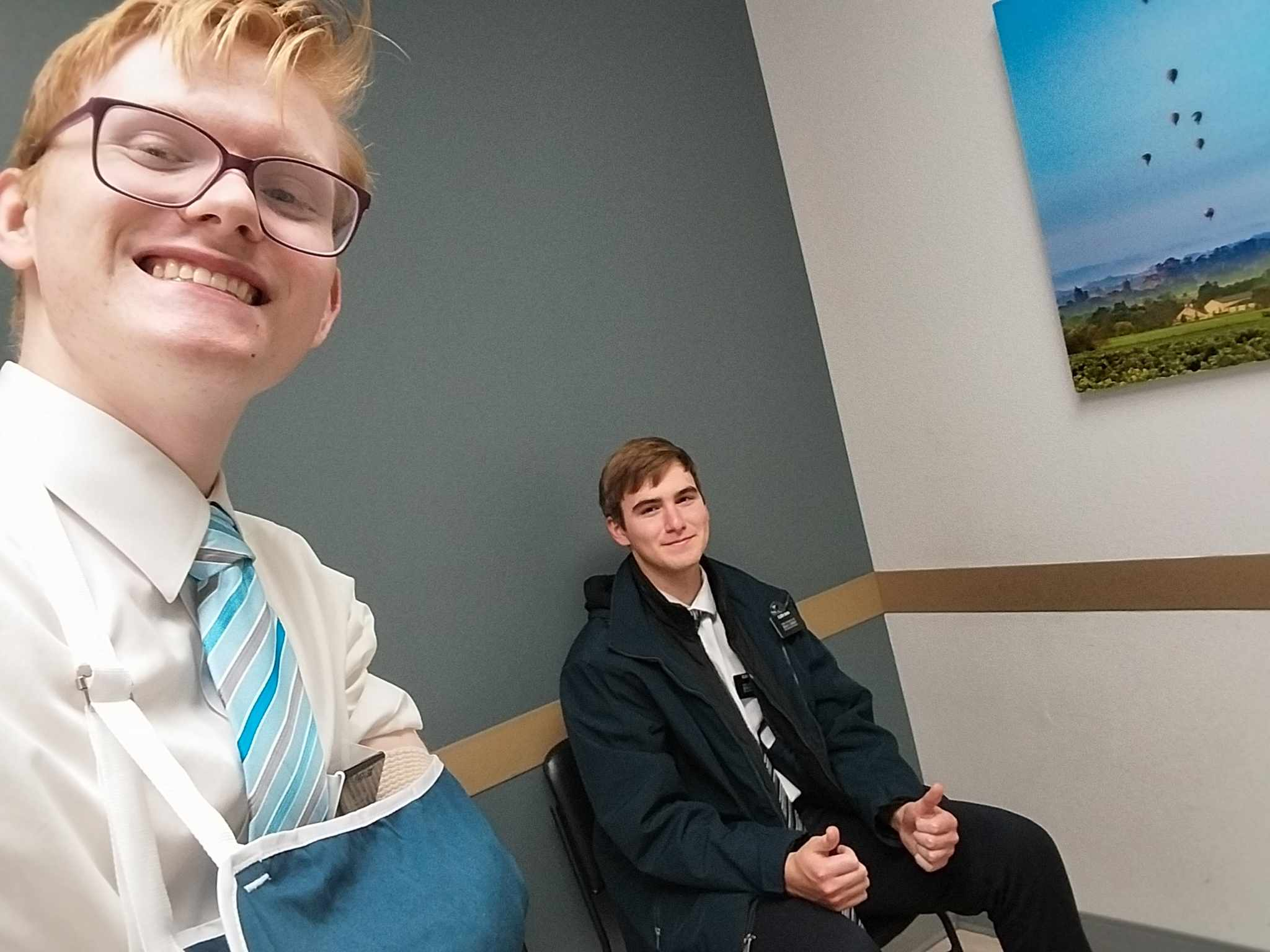 Elder Farr and I in the Urgent Care. While we were on exchanges Elder Farr crashed into my bike and tumbled twice on the sidewalk and broke his Radial head on his radial bone. He will
be in a cast for the next 6 weeks. That was not a fun day for either of us.
He is doing great though despite it being his dominant arm.