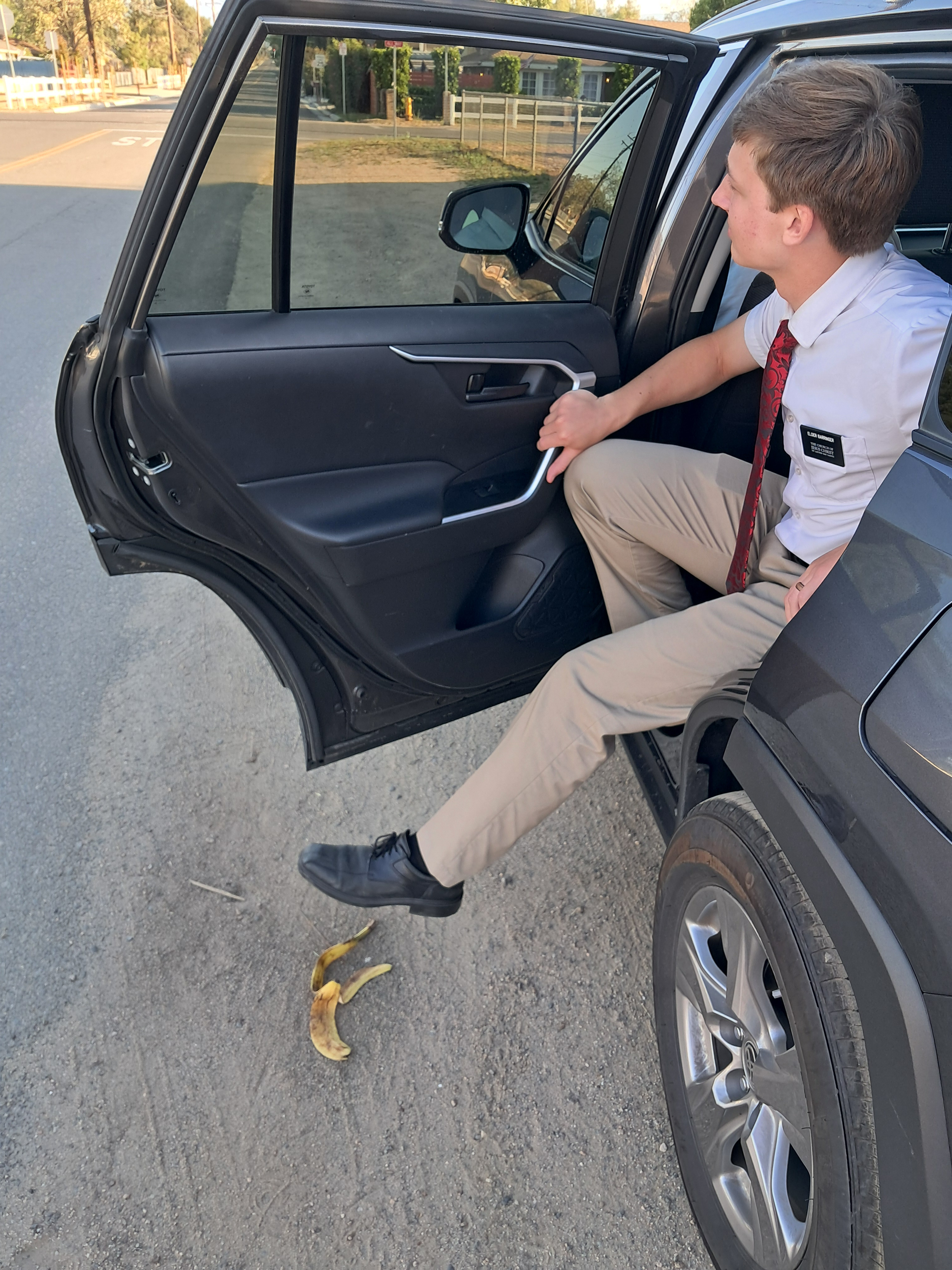 We were all getting out of the car for dinner at a member's house and the first thing that Elder Barringer sees is a banana peel right before he was about to step on it. Then I start hearing the Mario kart theme! It was really funny in the moment.