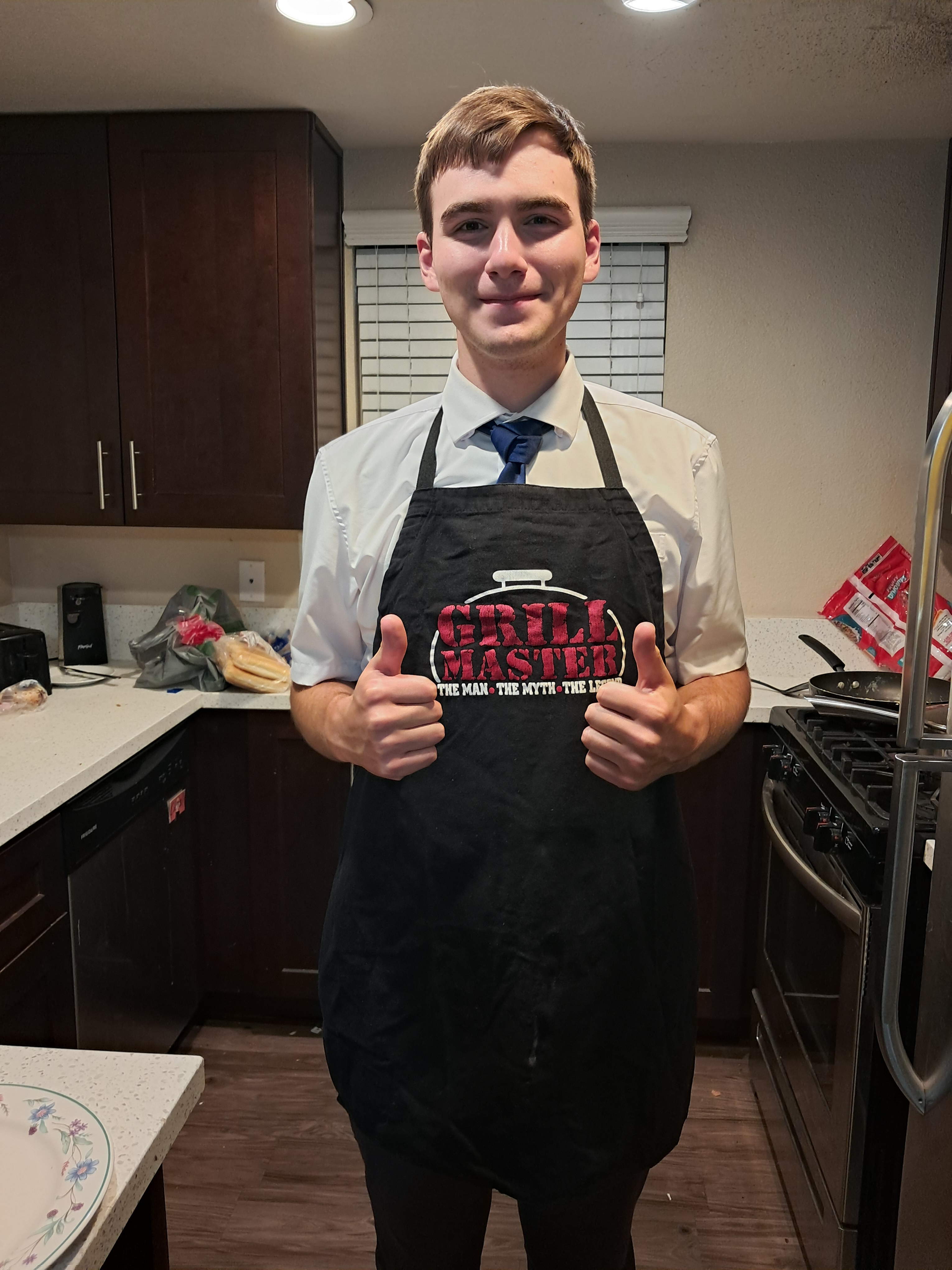 Me after cooking the eggs.
If you look closely you can see some flour on my head. I guess there was some flour on the counter top and I bent down and my hair touched the edge.