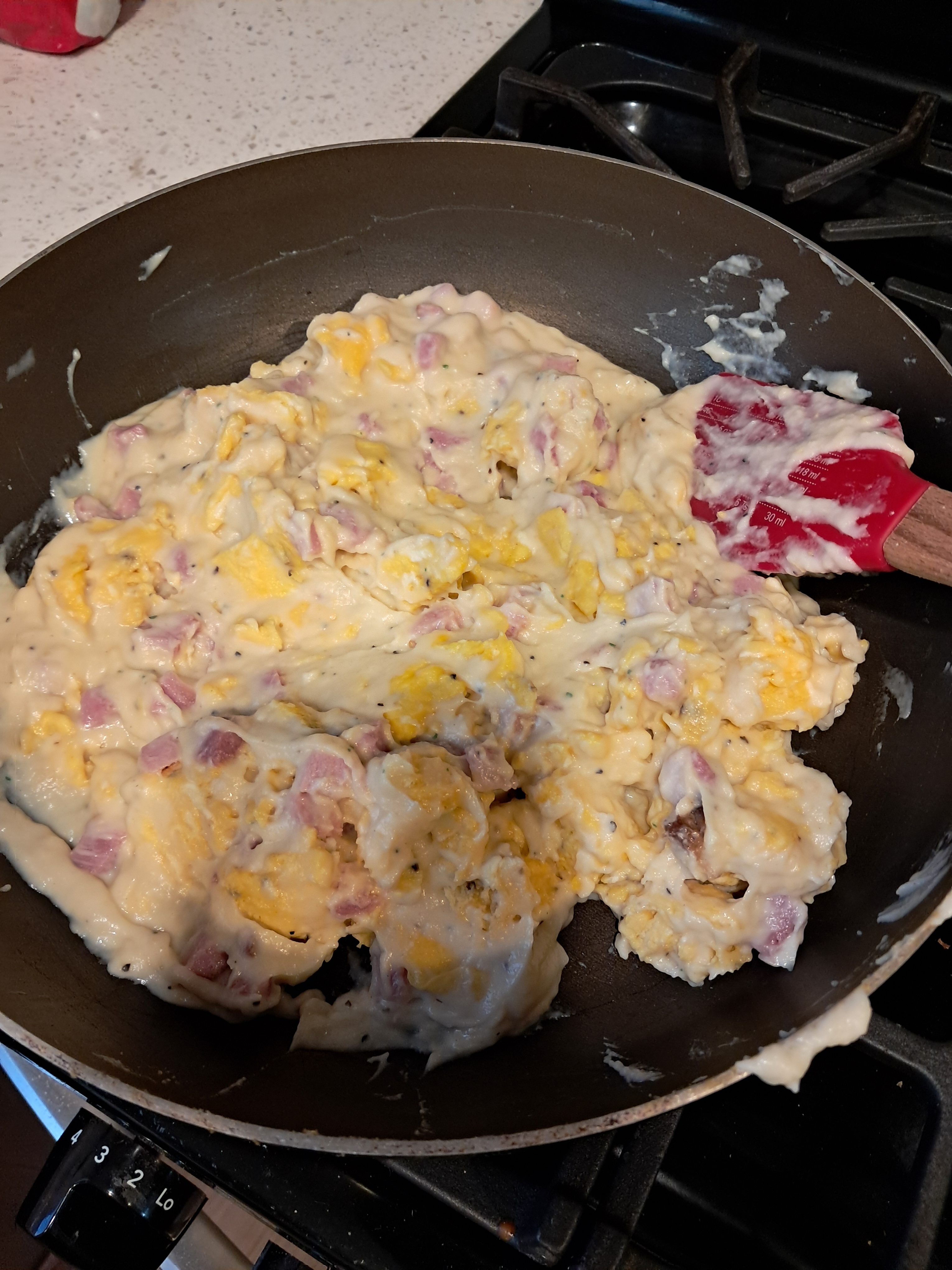 Alfredo sauce, eggs and ham.