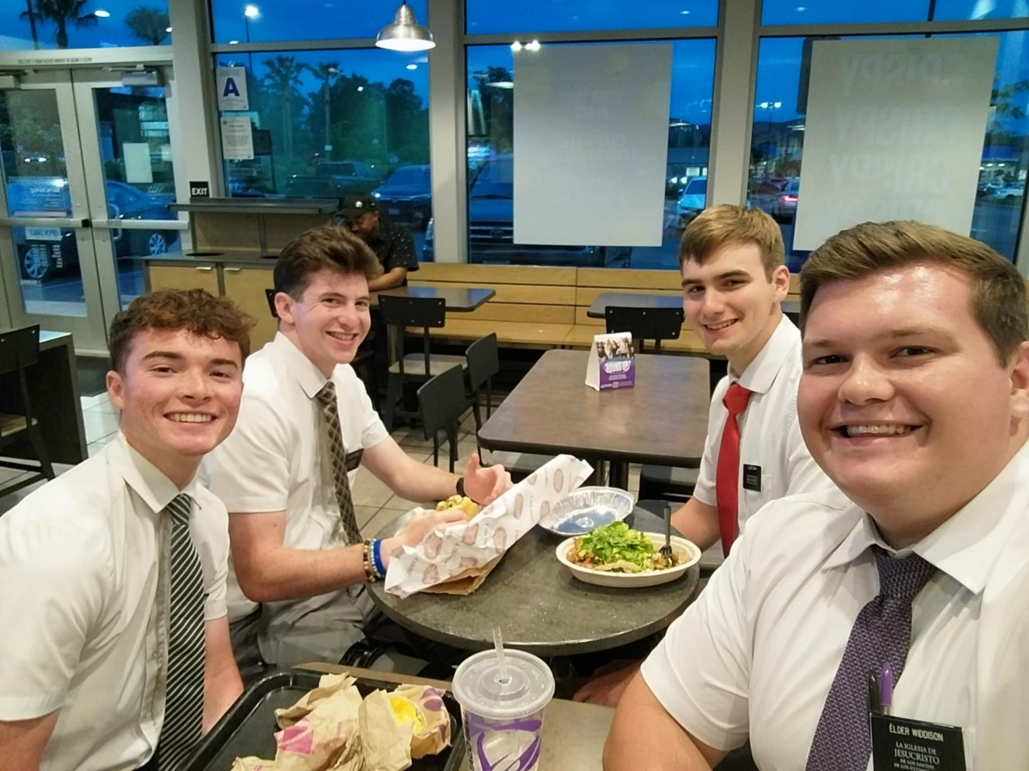 All of us eating at Taco Bell. Me and Elder Thayer got different dinner.