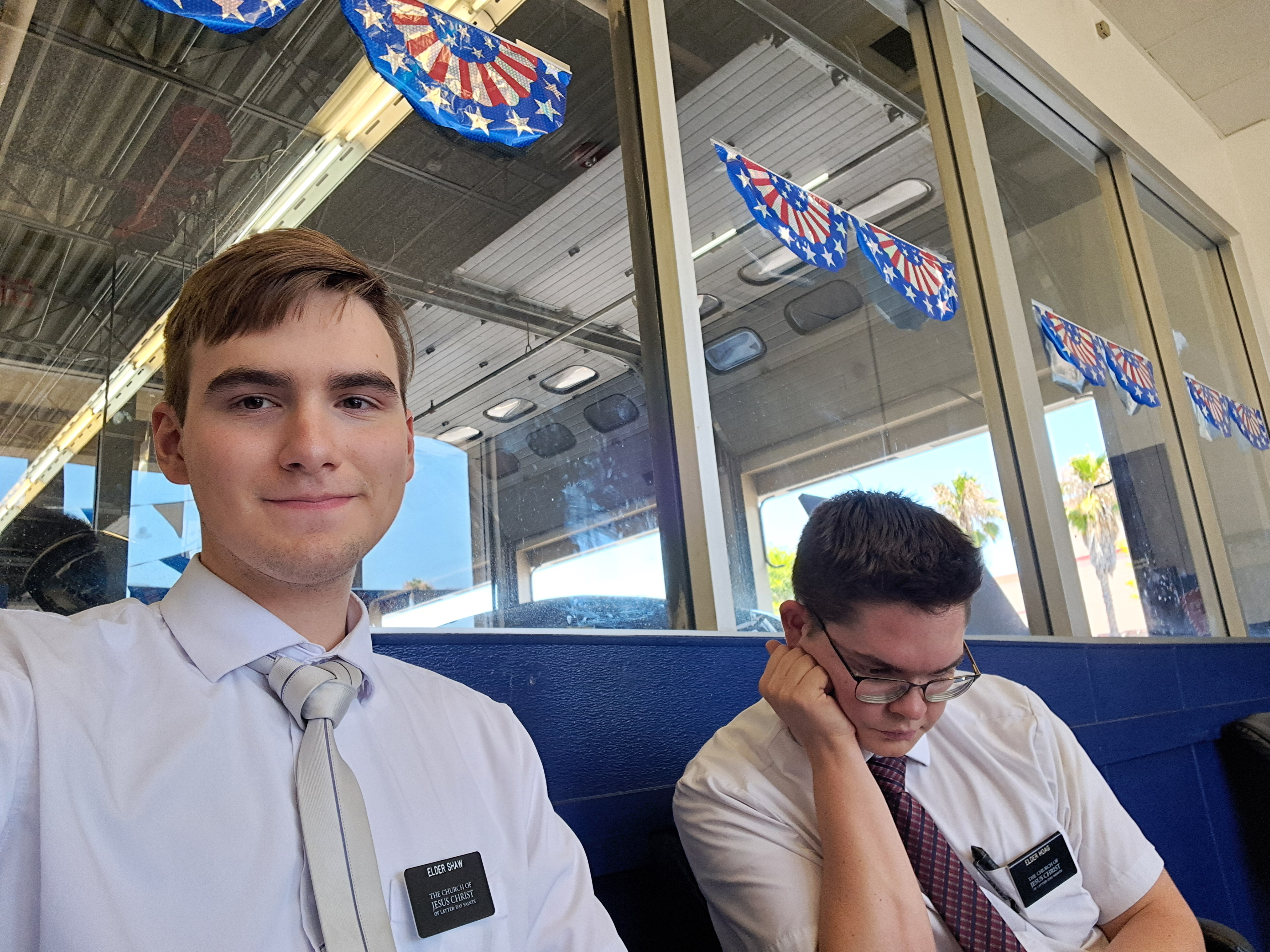 At the mechanic getting our oil leak fixed 