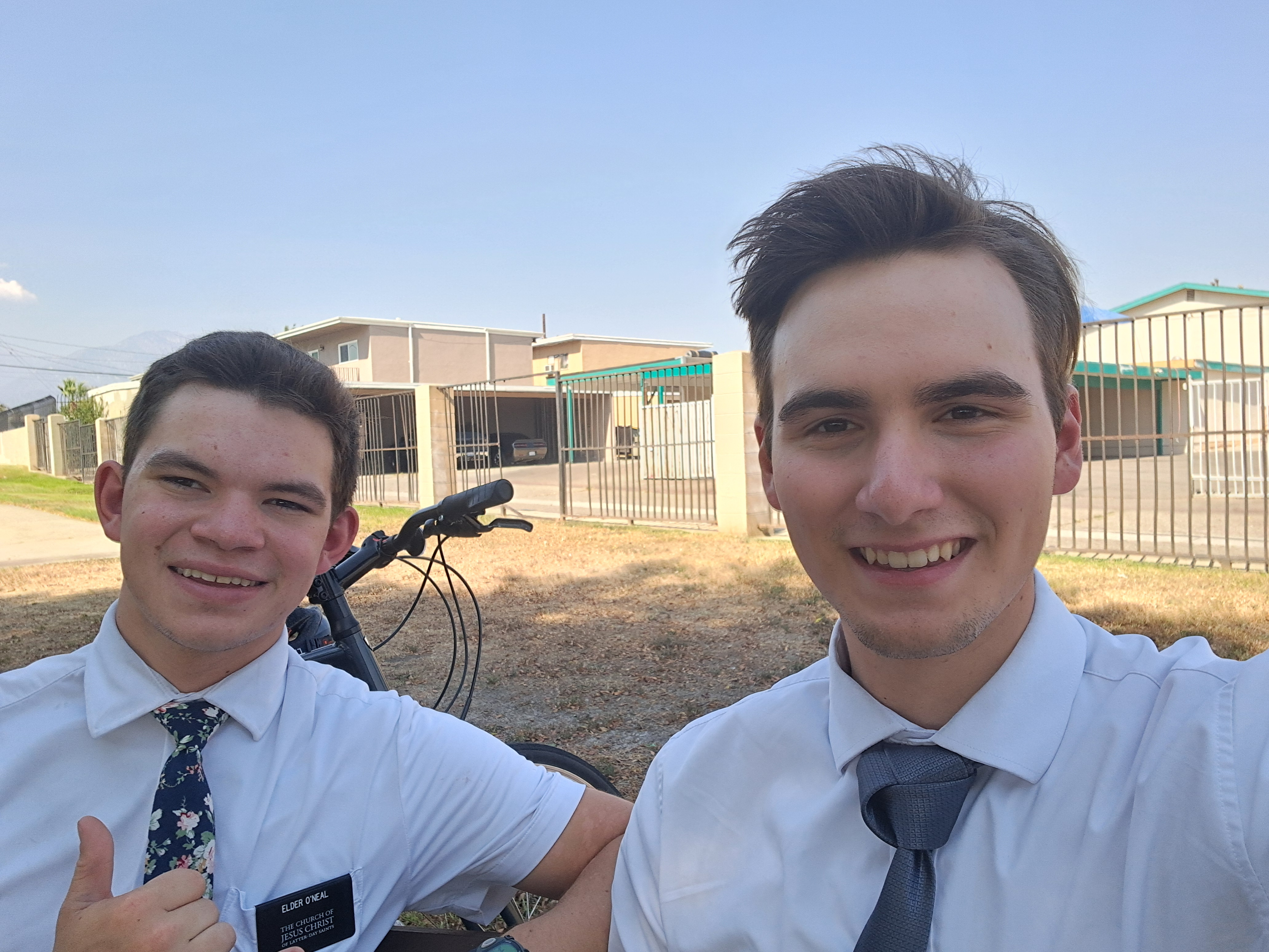 Elder O'Neal and me on exchanges. It gets pretty windy here thus my hair.