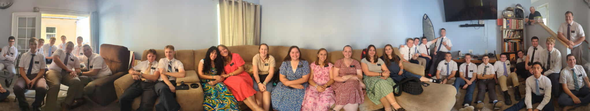 The entire two zones at President Freeman's house for the zone breakfast. Rather than have everyone move, Sister Freeman decided just to do a panorama. If you look carefully, you can see a duplicate of an Elder. Look to the right of me and then on the stairs at the left. That is Elder Widdison. He is the most lovable and hilarious Elder you will find. He was in my zone before and I am so happy that he is back!