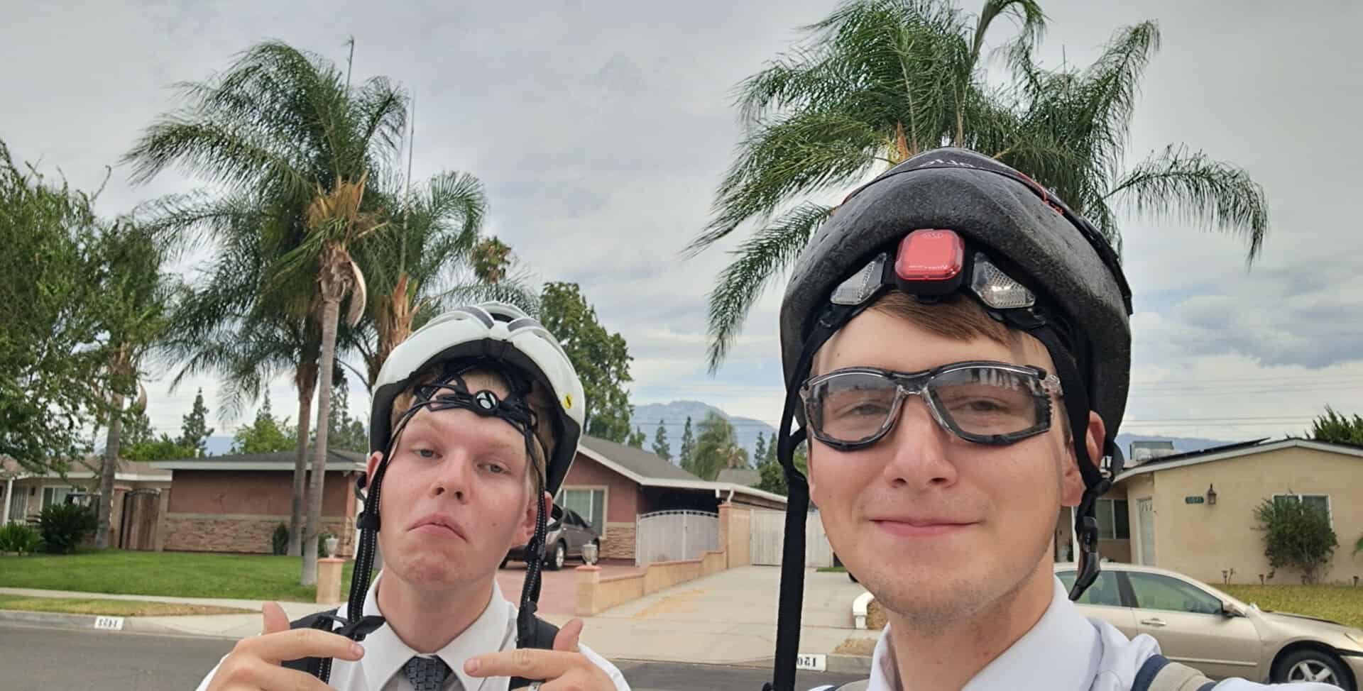 Me and Elder Higley. He wanted to do a funny picture so we put on our helmets backwards. It kind of looks like a turban.